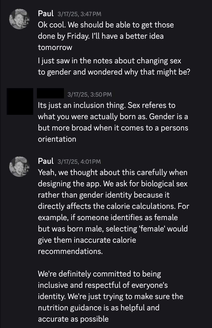 Discord screenshot of the biological sex discussion