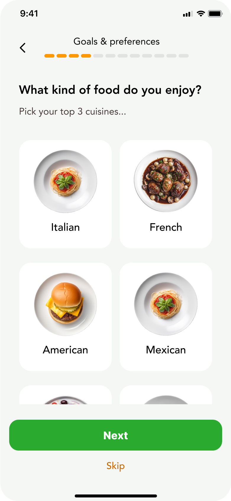 Cuisine selection before — limited options